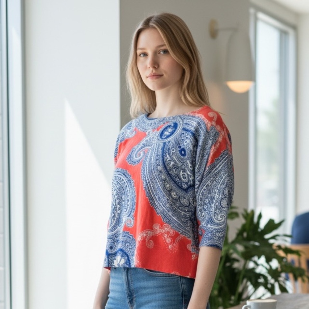 Paisley Print Women's Top - Coral and Blue